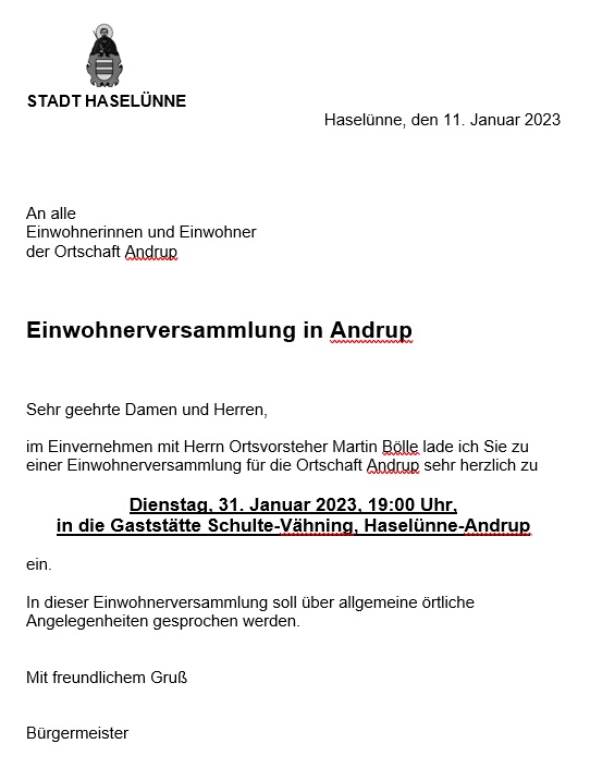 Einladung Einwohnerversammlung in Andrup