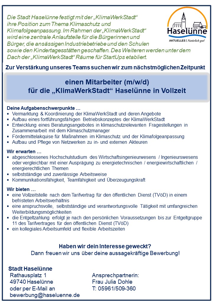 Stellenanzeige Mitarbeiter fuer die KlimawerkStadt