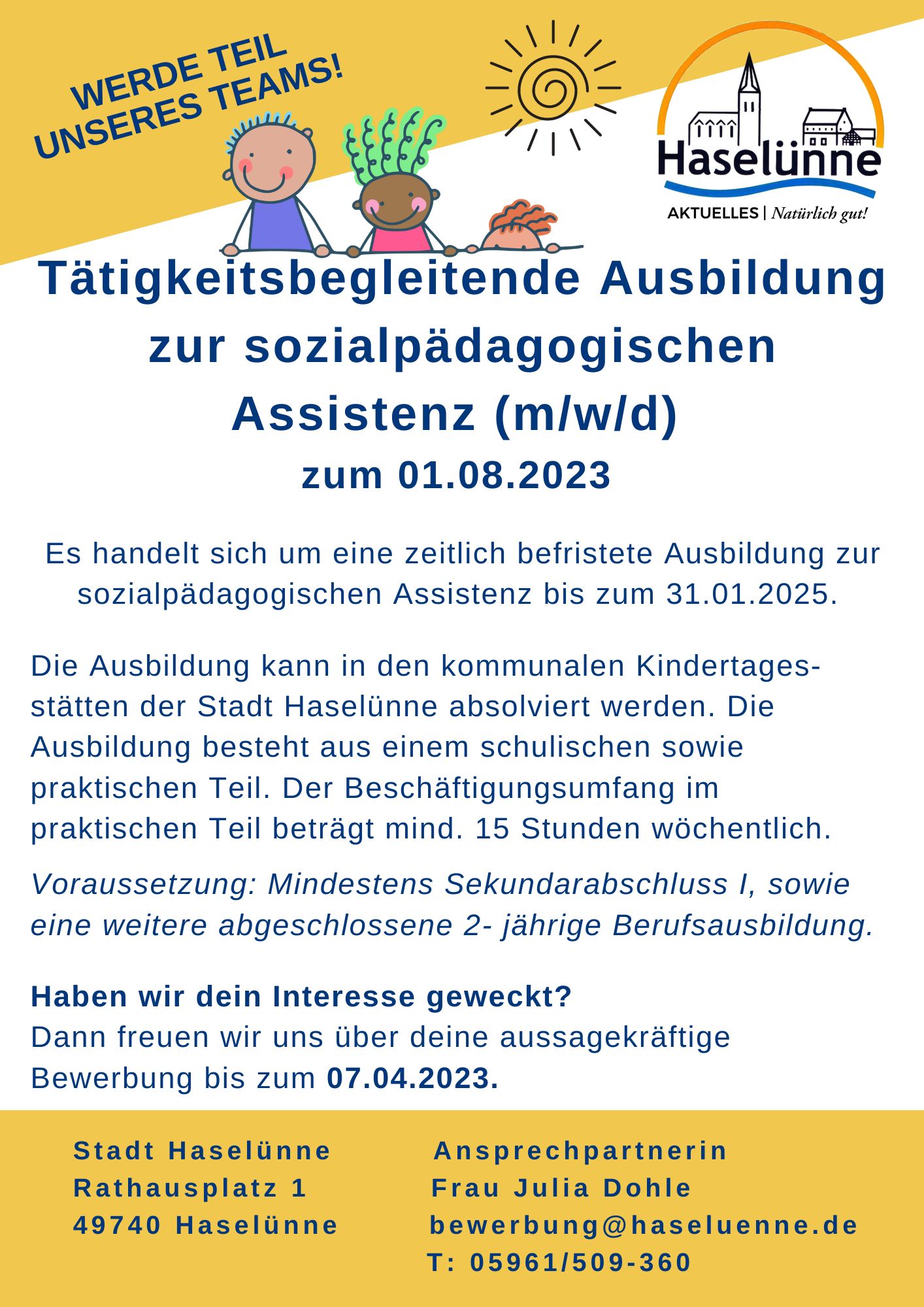 Stellenanzeige taetigkeitsbegleitende Ausbildung zur sozialpaedagogischen Assistenz