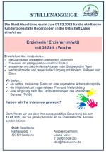 Stellenausschreibung; Erzieherin/Erzieher (m/w/d) für die städtische Kindertagesstätte Regenbogen in der Ortschaft Lahre